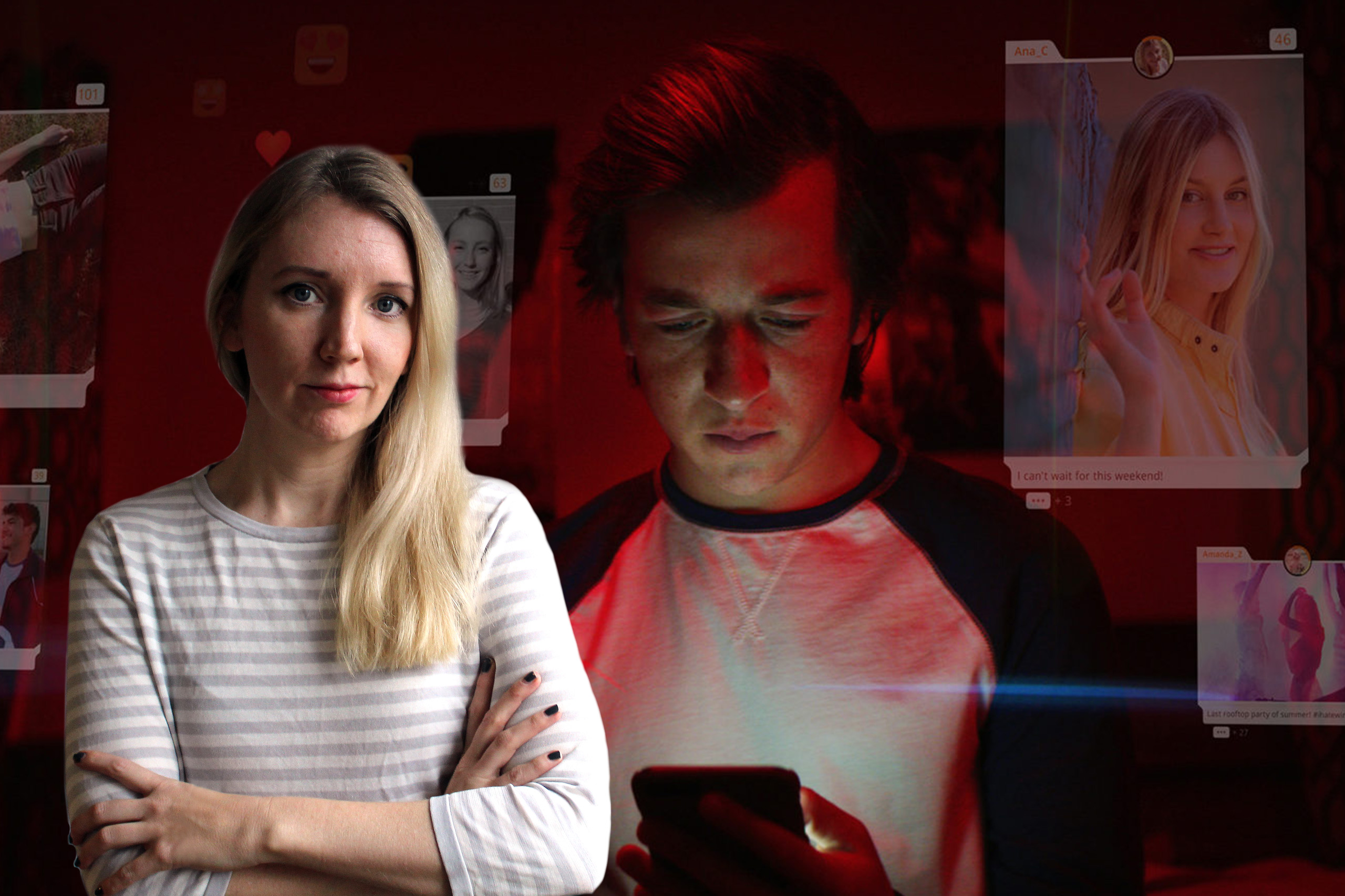 Skribenten inklippt framför en bild från filmen The Social Dilemma, som föreställer en ung man som tittar på sin mobiltelefon i ett mörkt rum. Runt honom syns bilder från olika sociala medier.