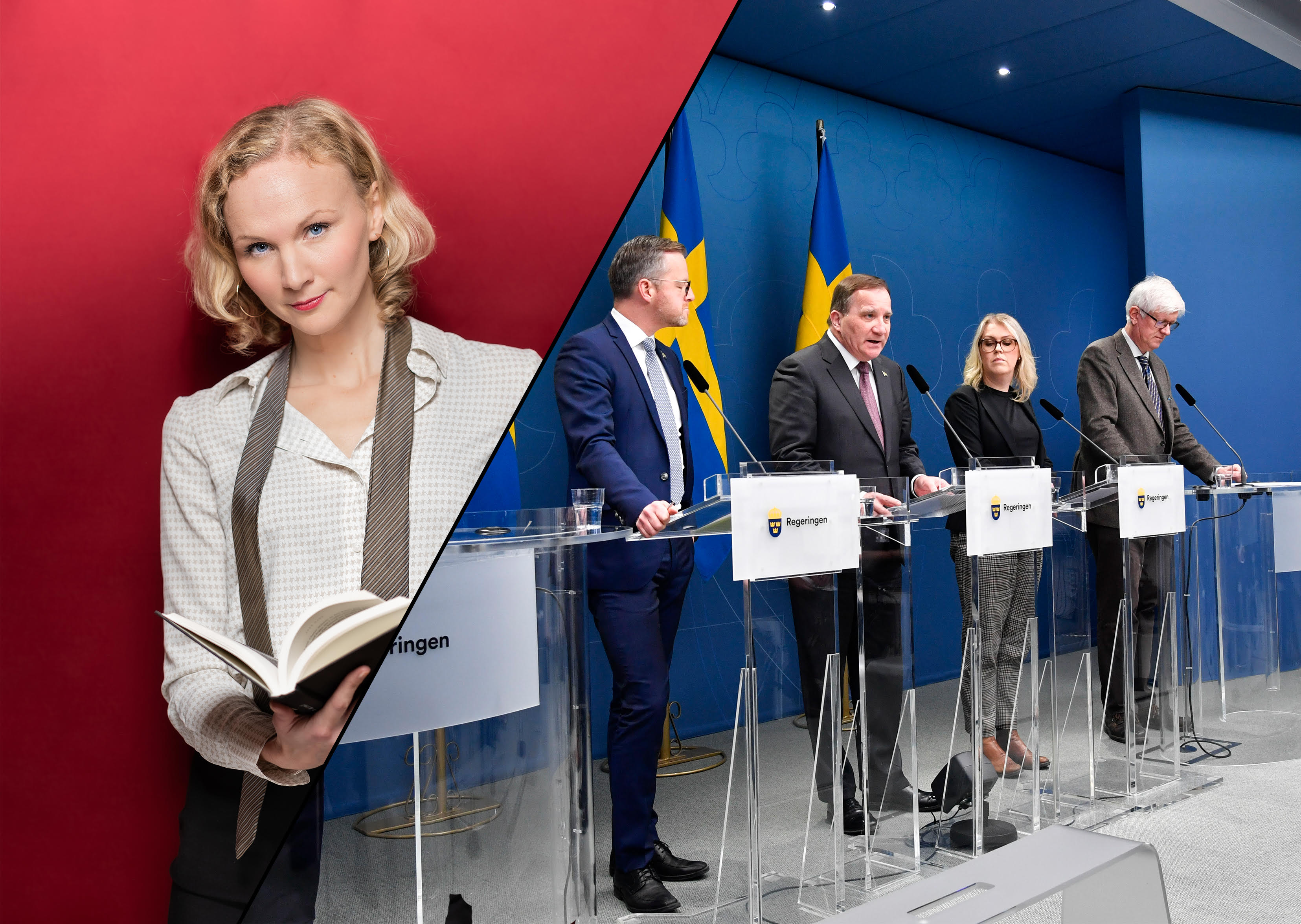 Skribenten porträtterad mot en röd bakgrund. Andra halvan av bilden föreställer en presskonferens om covid-restriktioner med bland andra Stefan Löfven.