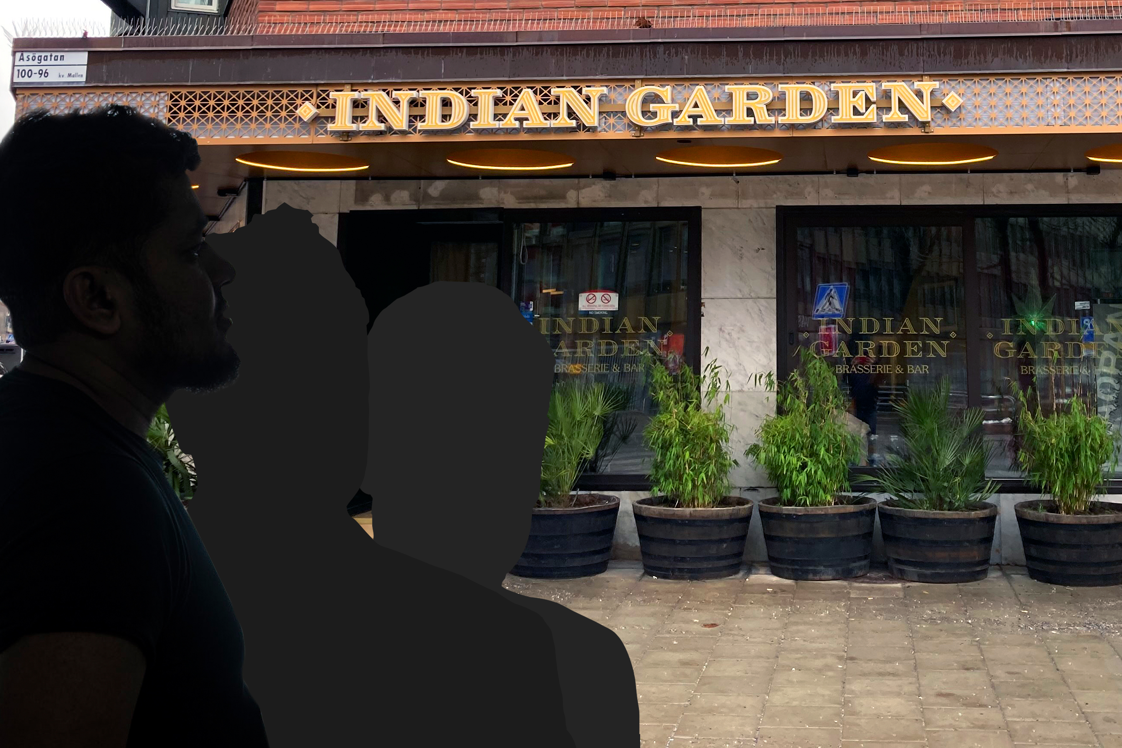Tre siluetter av anonymiserade tidigare anställda framför en av Indian Gardens restauranger. Montage.