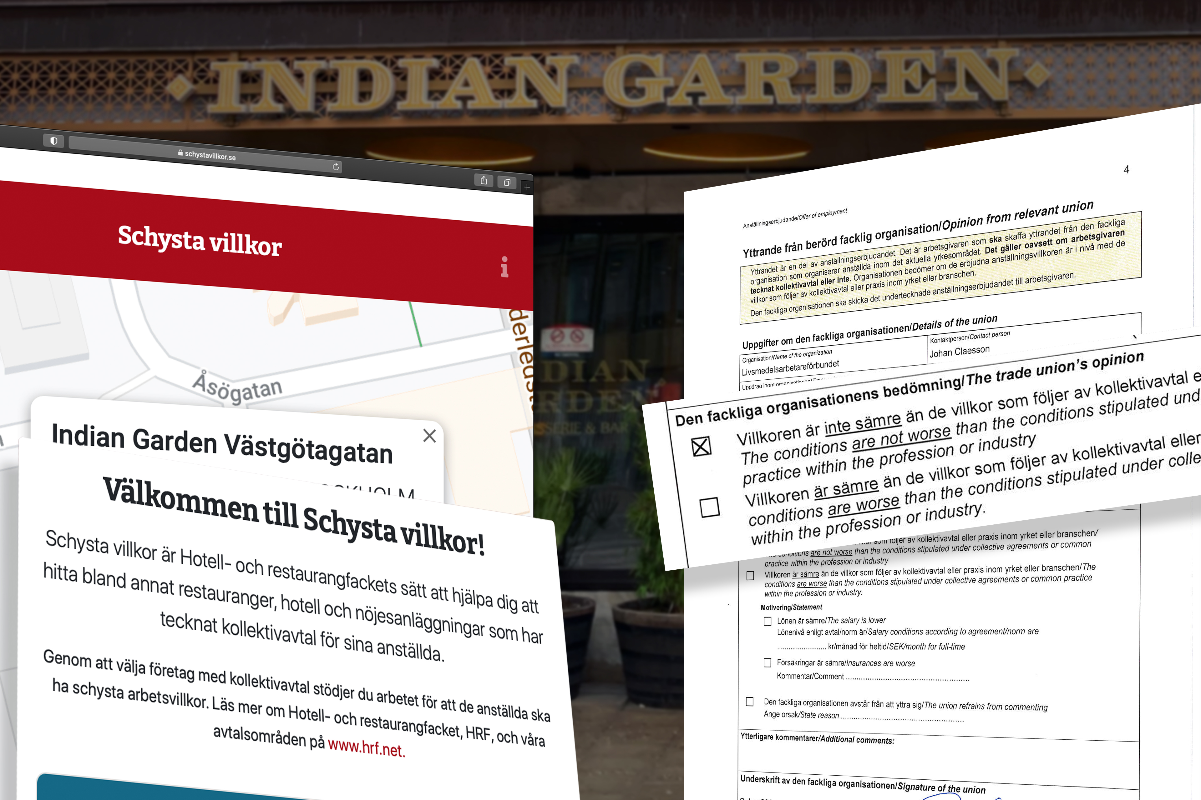 Montage av Indian Garden på Schysta listan från HRF:s hemsida och Livs yttrande framför en bild av Indian Gardens restaurang