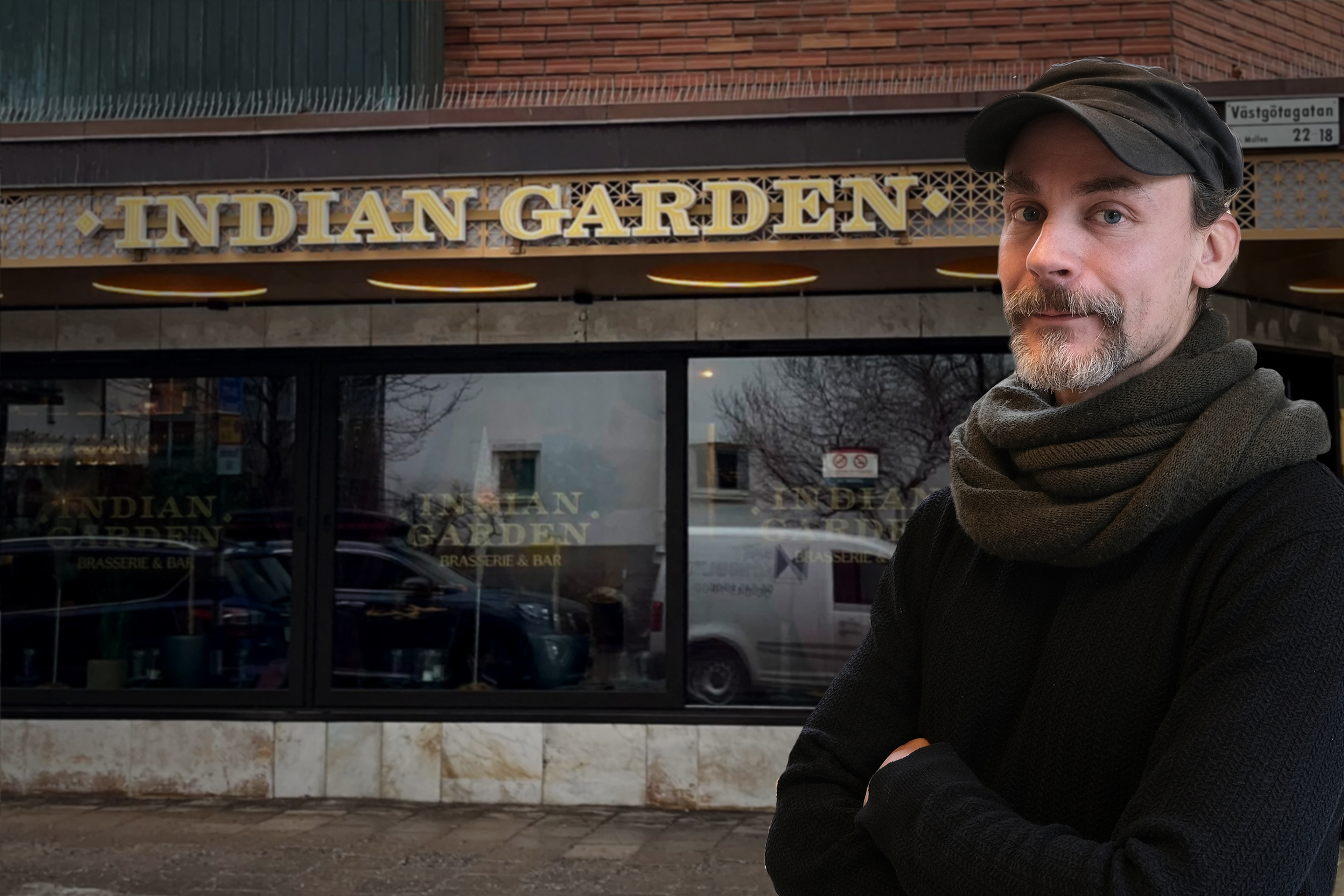 Montage av Emil Boss framför restaurangen Indian Garden