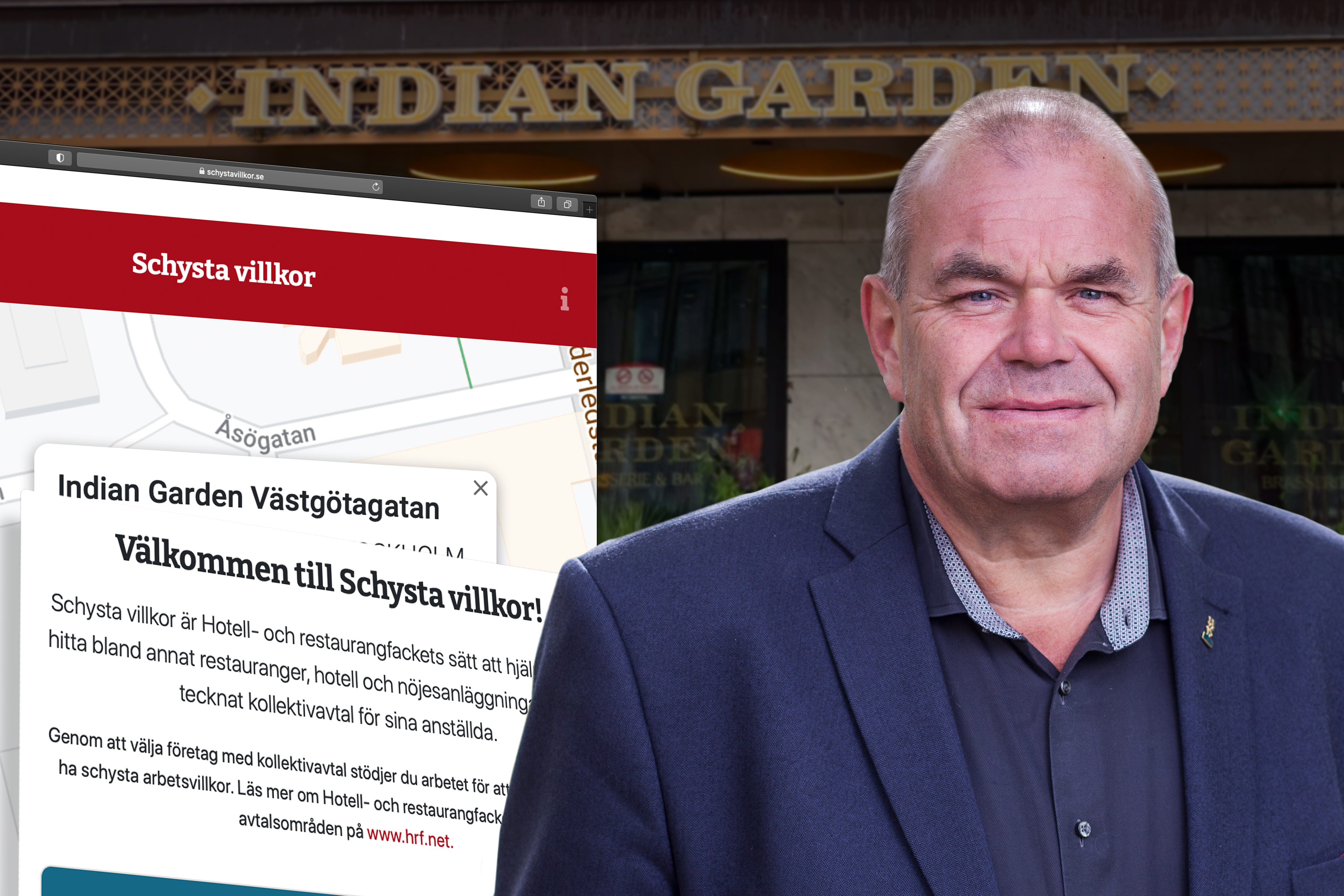Montage av HRF:s avtalssekretare och skärmdump av schysta listan framför Indian Gardens restaurang