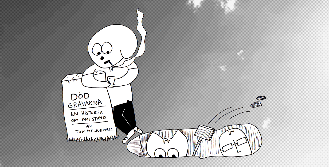 Illustration där en person står och röker och två personer står i ett hål och gräver.