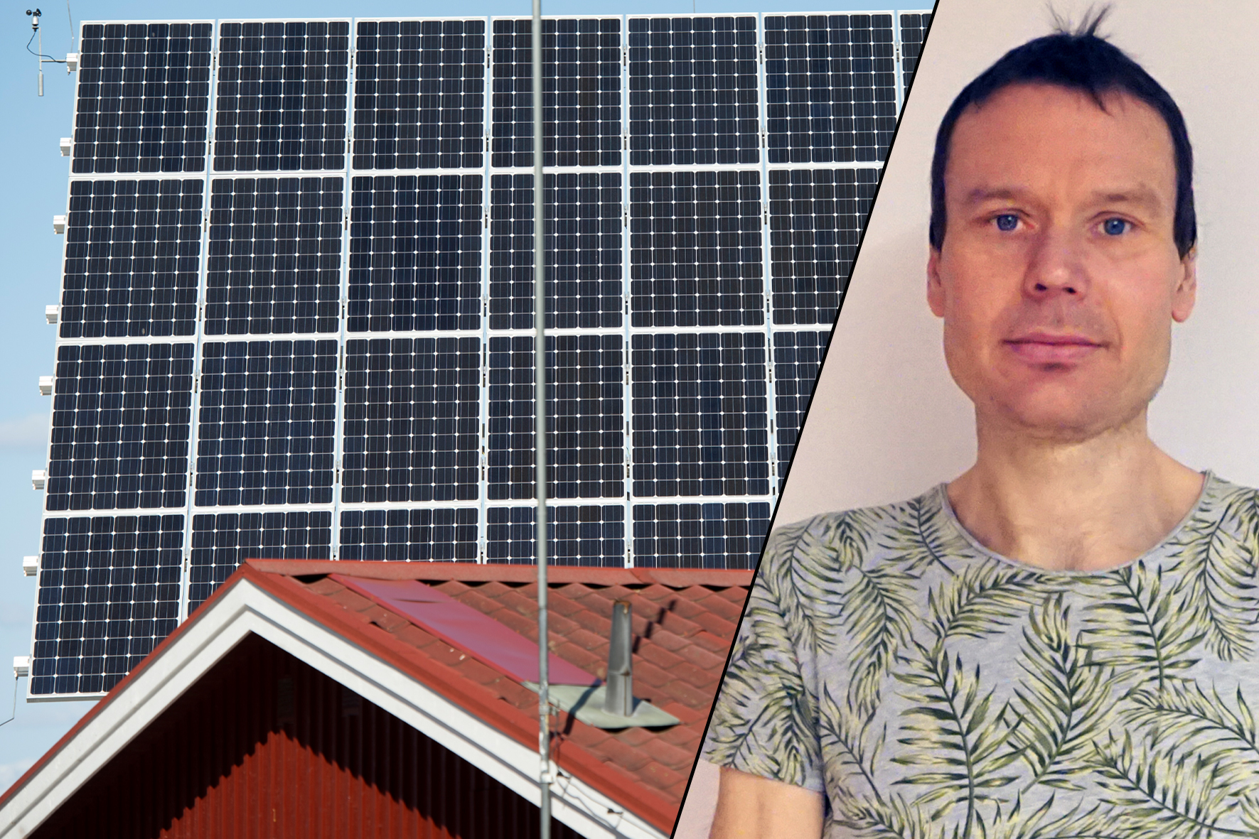 Solpaneler ovanför ett falurött hus och Petter Johansson, central ombudsman på Elektrikerna