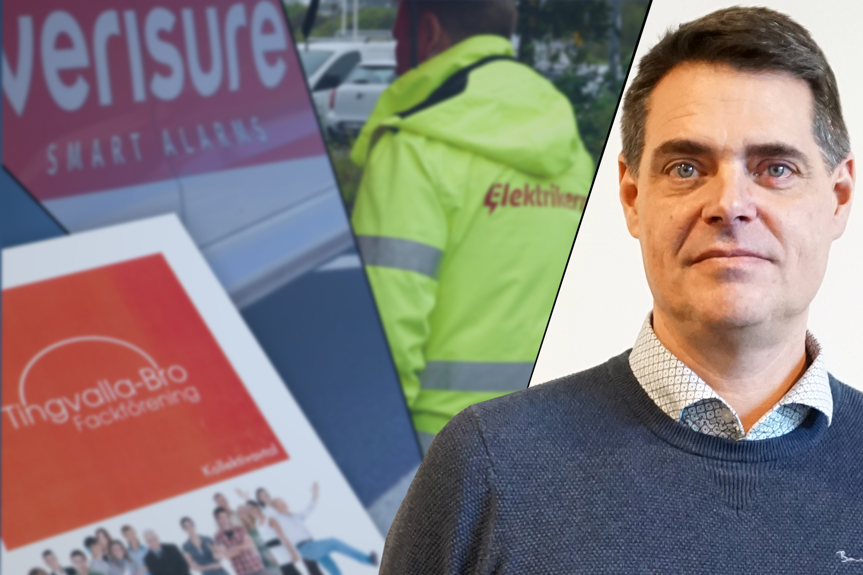Mikael Pettersson framför bilden till artikeln om att Elektrikernas avtal inte tillämpas