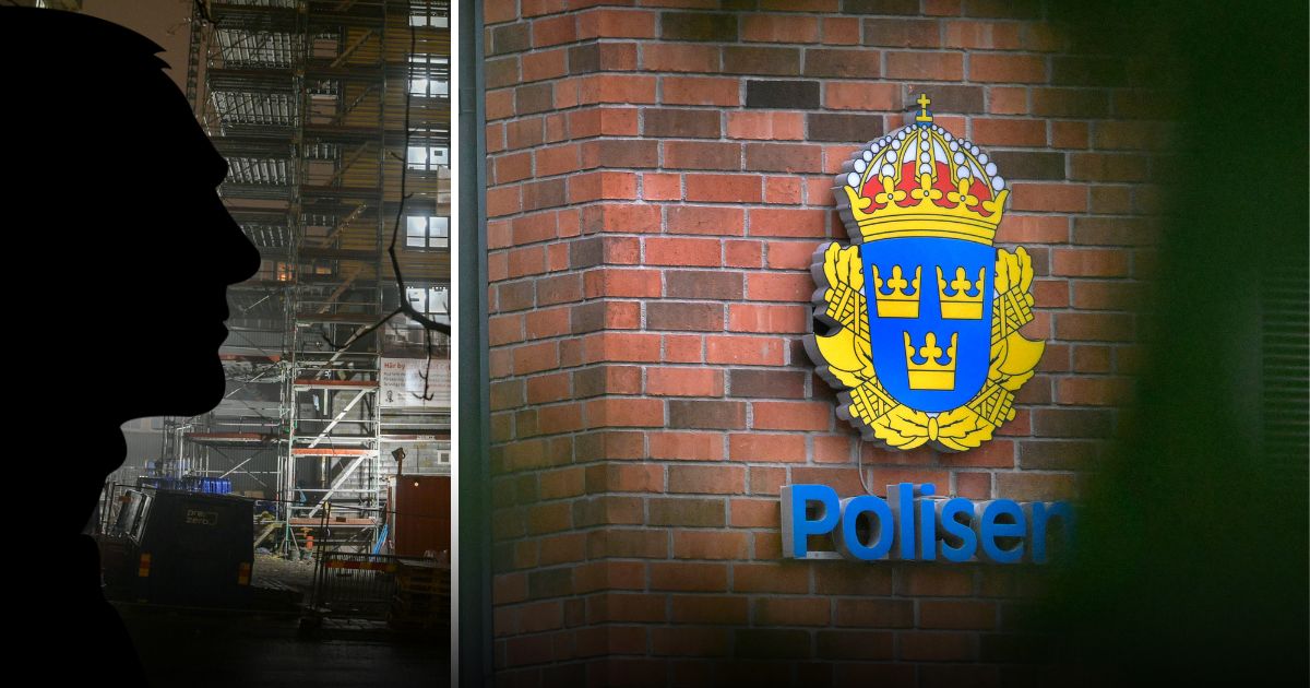 Kollage, siluett av man framför en byggarbetsplats, polisstation till höger i bilden